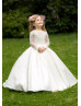 Beaded Ivory Lace Satin Floor Length Check Flower Girl Dress